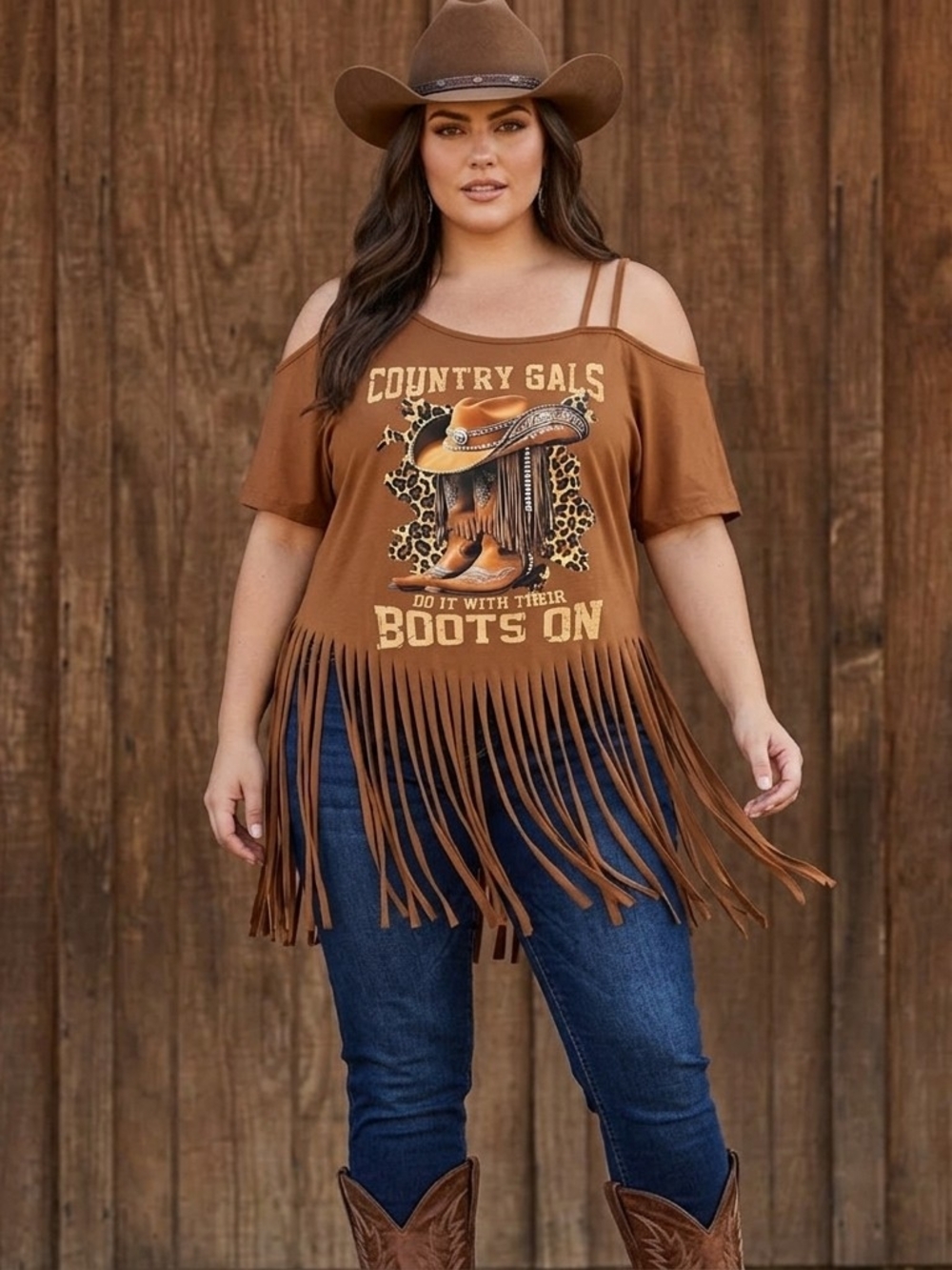 Brown Cold-Shoulder Fringe Tee with Graphic 0XL Shein
